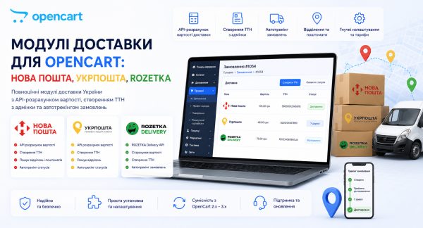 Модулі доставки для OpenCart: Нова пошта, Укрпошта, Rozetka