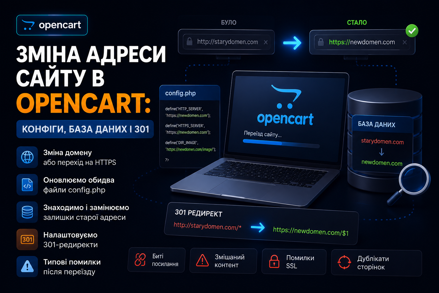 Зміна адреси сайту в OpenCart: конфіги, база даних і 301-редиректи