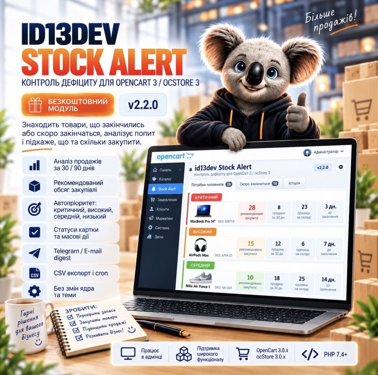 id13dev Stock Alert — контроль дефіциту та закупівель для OpenCart 3 / ocStore 3