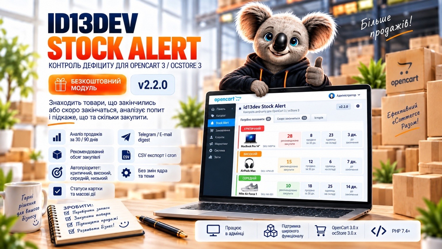 id13dev Stock Alert — контроль дефіциту та закупівель для OpenCart 3 / ocStore 3