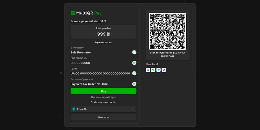 MultiQR Pay - QR-оплата за IBAN для OpenCart (кілька ФОП)